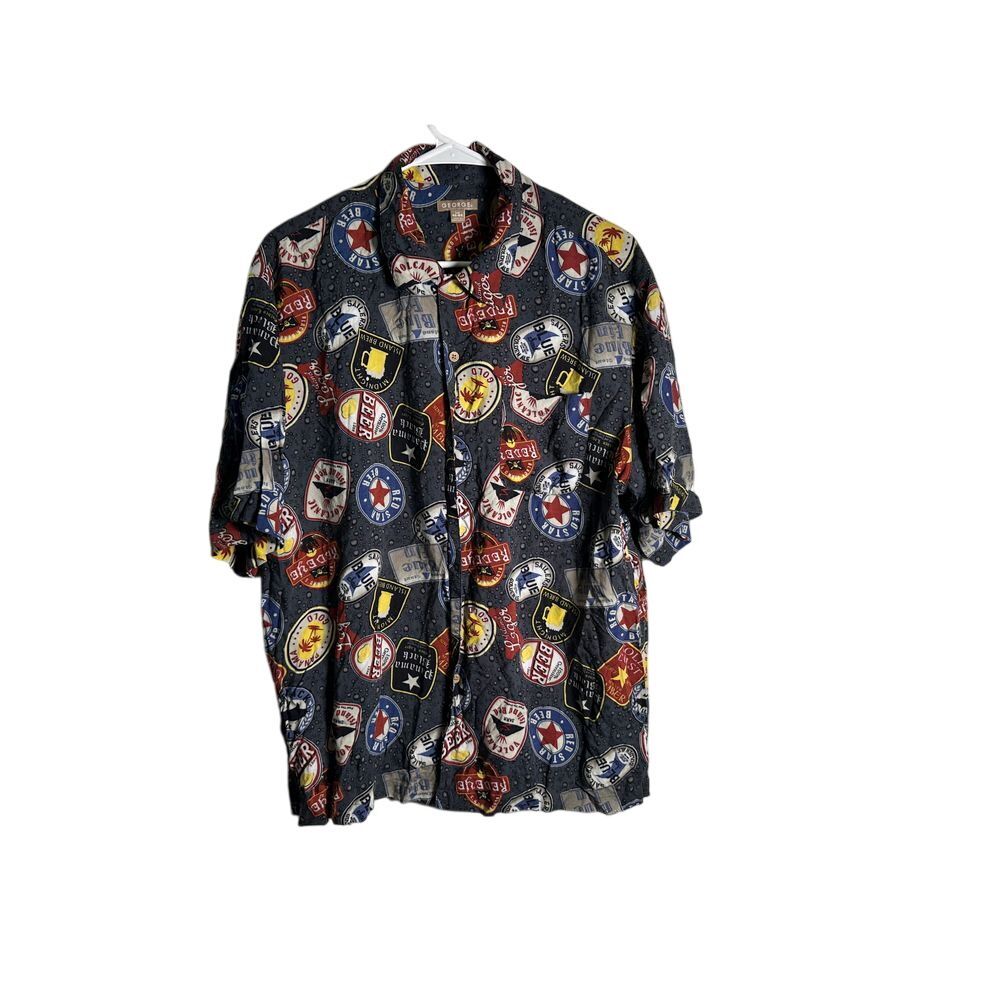 George Beer Themed‎ Button Down Shirt Short Sleeve Bar Pub Logos Pattern L/XL